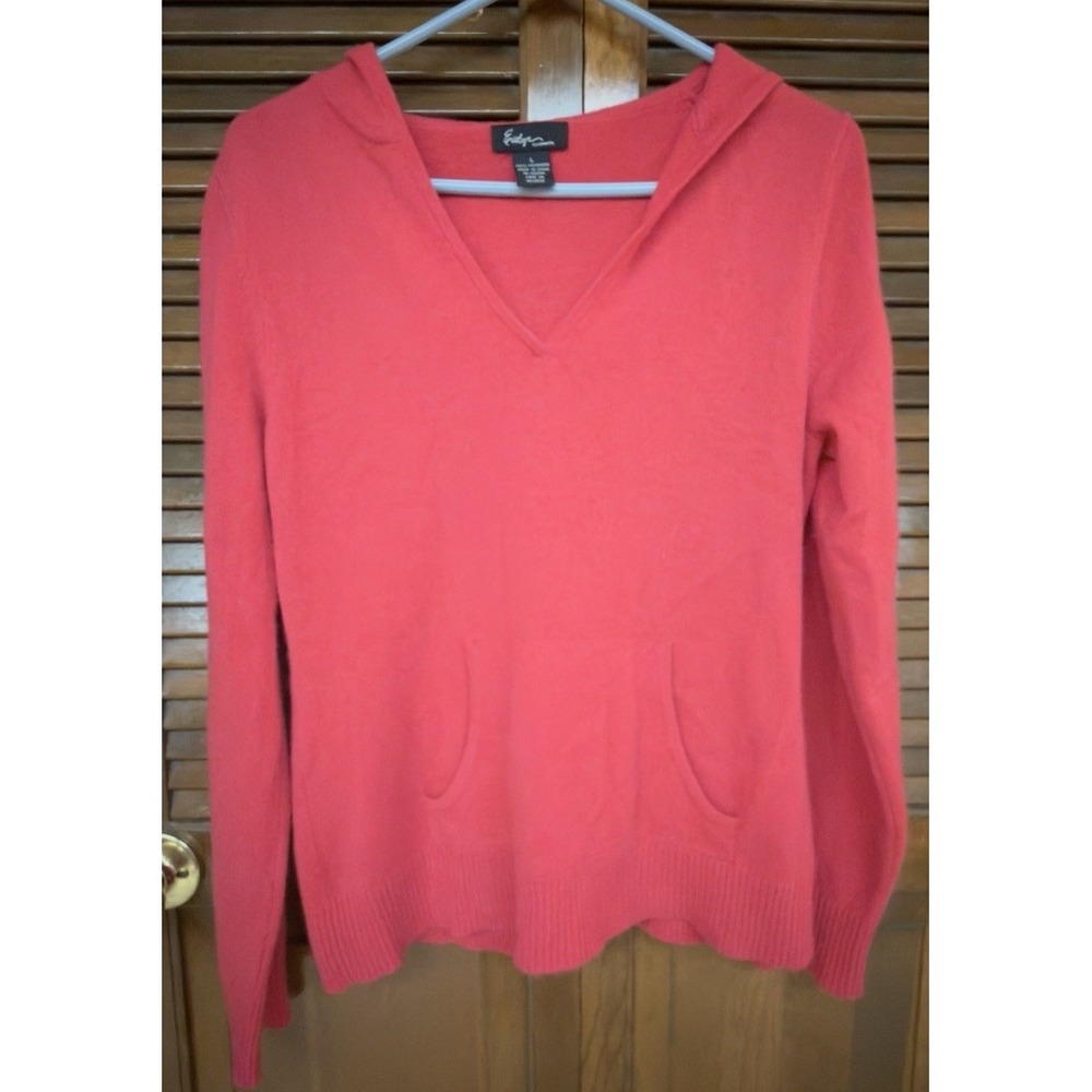 Evelyn Cashmere Sweater Womens L 100% Cashmere Red V Neck Hoodie Pocket Pullover